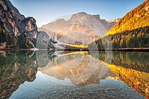 Beautiful Braies lake at sunrise in autumn in Dolomites, Italy