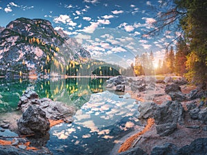 Beautiful Braies lake at sunset in autumn in Dolomites, Italy