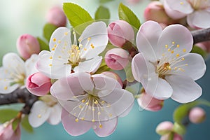 Beautiful branch of blossoming apple tree against the blue spring sky with white clouds. Close-up. Sunny day