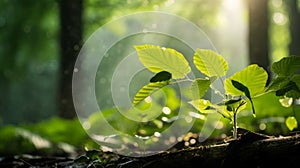 Beautiful branches with vivid green leaves on sunny bokeh background of greenery.