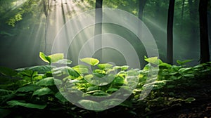 Beautiful branches with vivid green leaves on sunny bokeh background of greenery.