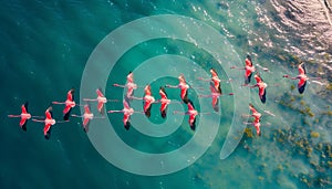 Beautiful breathtaking aerial shot of pink flamingoes big flock flying over huge lake water surface in warm sunset light. Captures