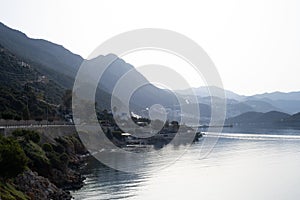 Beautiful breathtaking view at Meditarrenean sea and mountains in Turkey,Antalya region, in morning in foggy weather