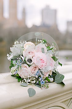 Beautiful bridal bouquet made of creamy and light pink peonies, roses, ranunculuses, baby breath and eucalyptus branches