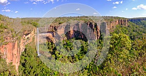 Beautiful Bridal Veil, Veu Da Noiva waterfall in Chapada Dos Guimaraes National Park, Cuiaba, Mato Grosso, Brazil photo