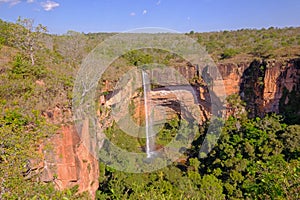 Beautiful Bridal Veil, Veu Da Noiva waterfall in Chapada Dos Guimaraes National Park, Cuiaba, Mato Grosso, Brazil photo