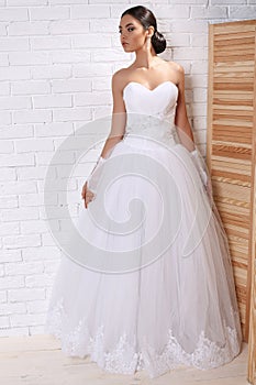 Beautiful bride with dark hair in elegant wedding dress with accessories