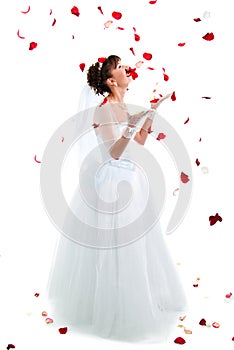 Beautiful bride on floor among red rose petals