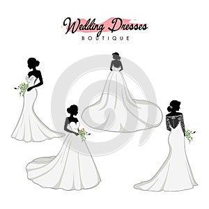 Beautiful Bride with Flower Bouquet Set, Bridal Boutique Logo, Bridal Gown Logo Vector Design