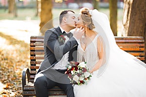 Beautiful bride and groom embracing and kissing on their wedding day