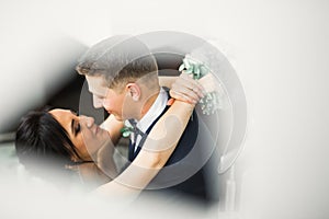 Beautiful bride and groom embracing and kissing on their wedding day