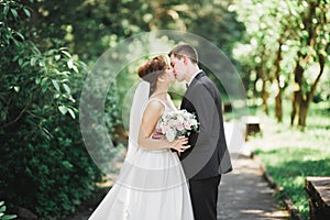 Beautiful bride and groom embracing and kissing on their wedding day