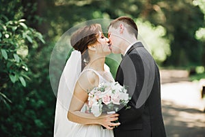 Beautiful bride and groom embracing and kissing on their wedding day