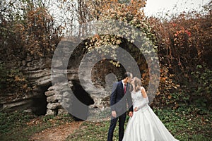 Beautiful bride and groom embracing and kissing on their wedding day outdoors