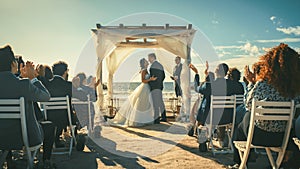 Beautiful Bride and Groom During an Outdoors Wedding Ceremony on a Beach Near the Ocean. Perfect