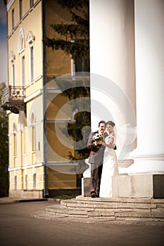 A beautiful bride and handsome groom at church