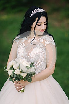 Beautiful bride on her wedding day. Long wedding dress