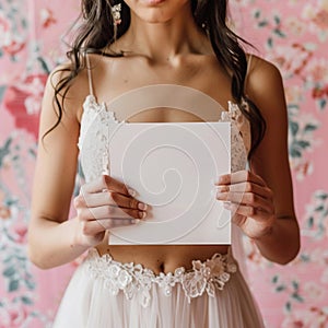 a beautiful bride holding up a blank vertical wedding invitation on Chinoiserie Pink Floral background,
