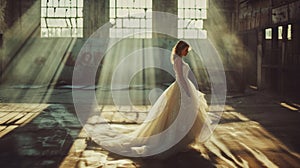 Beautiful bride in a long white wedding dress in an abandoned factory.