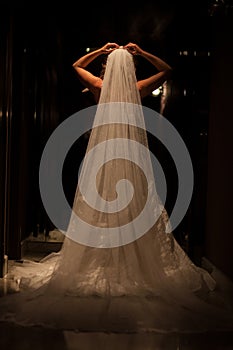 Beautiful bride in luxurious wedding dress in a dark hall. Beautiful bride with stylish make up and hair style. Young