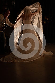 Beautiful bride in luxurious wedding dress in a dark hall. Beautiful bride with stylish make up and hair style. Young