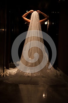 Beautiful bride in luxurious wedding dress in a dark hall. Beautiful bride with stylish make up and hair style. Young