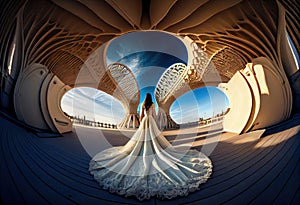 A beautiful bride in a mermaid wedding dress in the Ciudad de las Ciencias, Valencia. Generative AI.