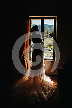 A beautiful bride with pleasant features in a wedding dress poses in the interior of the room. Portrait of the bride in Provence.