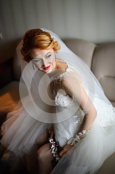 Beautiful bride portrait wedding makeup and hairstyle, Bride in veil and jewelry at home. Bride wedding morning
