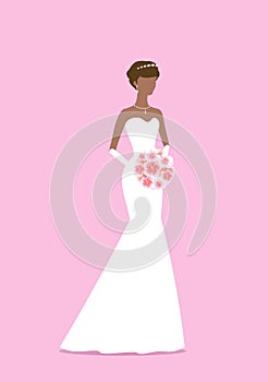 Beautiful Bride Princess holding a flower bouquet. African american woman. Silhouette with shadow isolated on Pink