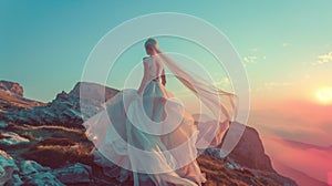 beautiful bride stands on a cliff above the sea in a glamorous white wedding dress