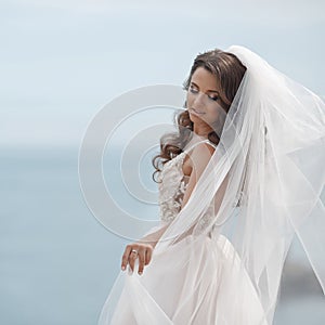 Beautiful bride in white dress posing on sea and mountains in background