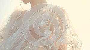 A beautiful bride tries on her wedding dress in a well-lit bridal boutique.