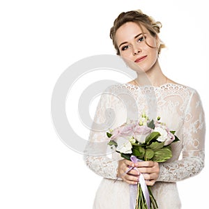 Beautiful bride with wedding bouquet in her hands. free space for your text