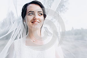 Beautiful bride in a wedding dress covered with a veil. Portrait of the bride in nature under a veil