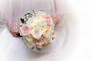 Beautiful bride in a wedding dress holding a bouquet of pink roses. White background.
