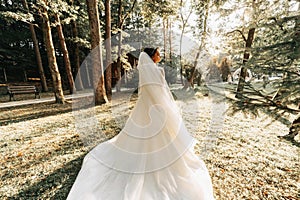Beautiful bride in a wedding dress with a long train standing back in the forest.
