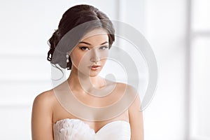 Beautiful bride. Wedding hairstyle make-up luxury fashion dress concept