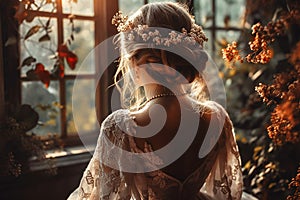 Beautiful bride in white wedding dress with flowers in her hair
