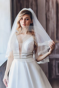 Beautiful bride woman in wedding dress and veil. fashion portrait of young gorgeous bride. Wedding dress.