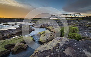 Beautiful bridge at Dainthlen Waterfall during sunset near Cherrapunji ,Meghalaya, India