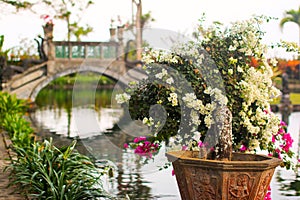 Beautiful bridge in royal water palace Tirta Gangga in Karangasem, Bali