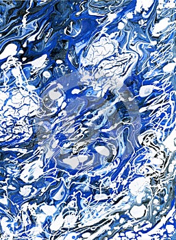 Beautiful bright abstract texture in blue tone. Drops of white and blue, the pattern is made with acrylic paints