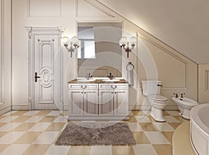 Beautiful and bright bathroom in Provence style with beige furniture.