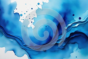 beautiful bright blue watercolor background with drips and splashes, paint background for your design, copy space