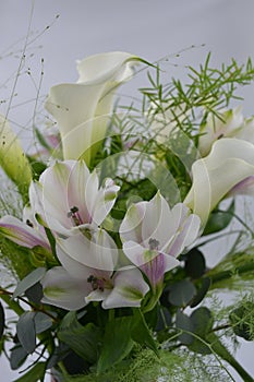 A beautiful, bright bouquet, a composition of white calla lilies, purple white orchids, flowers with green leaves, branches.