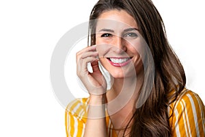 Beautiful bright cheerful woman with perfect skin and white teeth smile isolated on white background