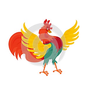 A beautiful bright colored rooster stands on its paws with its wings spread. A proud cock in cartoon style. Vector