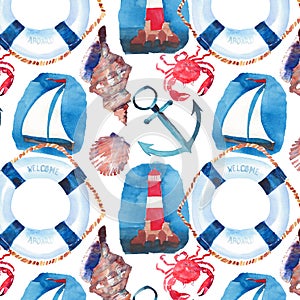 Beautiful bright colorful lovely summer marine beach pattern of lifebuoy, blue anchor, red white seamark, red crabs, pastel cute s