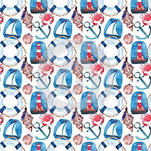 Beautiful bright colorful lovely summer marine beach pattern of lifebuoy, blue anchor, red white seamark, red crabs, pastel cute s